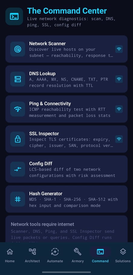 The Command Center — live network diagnostics